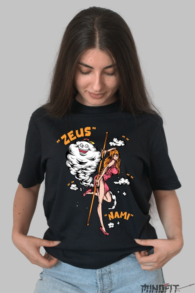 Tricou Anime One Piece - Nami si Zeus in actiune dama negru