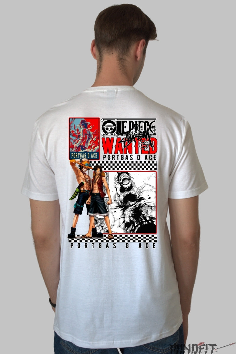Tricou Anime One Piece - Portgas D. Ace Wanted Edition barbat alb