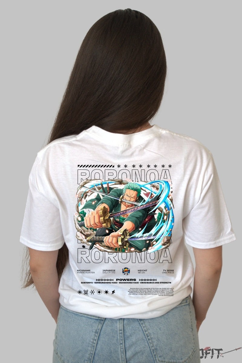 Tricou Anime One Piece - Roronoa Zoro Sabie Tripla in Actiune dama alb