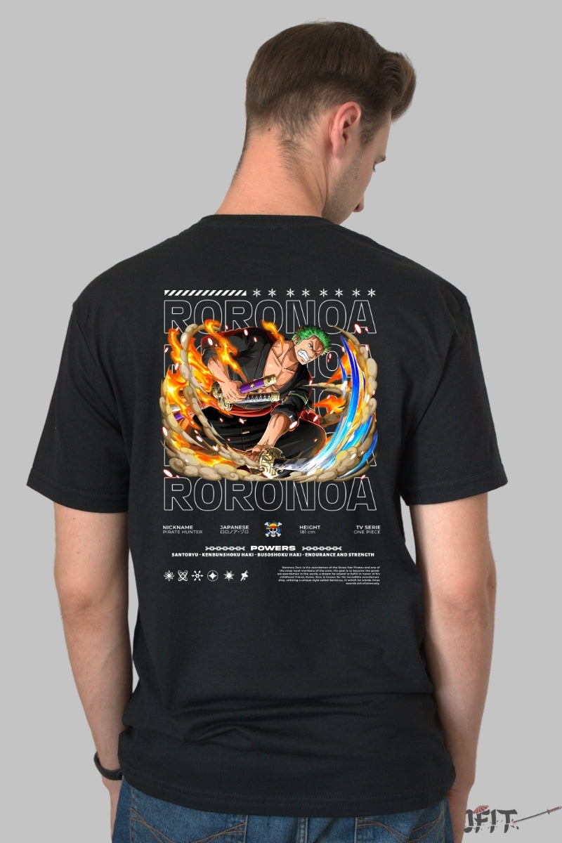 Tricou Anime One Piece - Roronoa Zoro Santoryu Flame Slash barbat negru