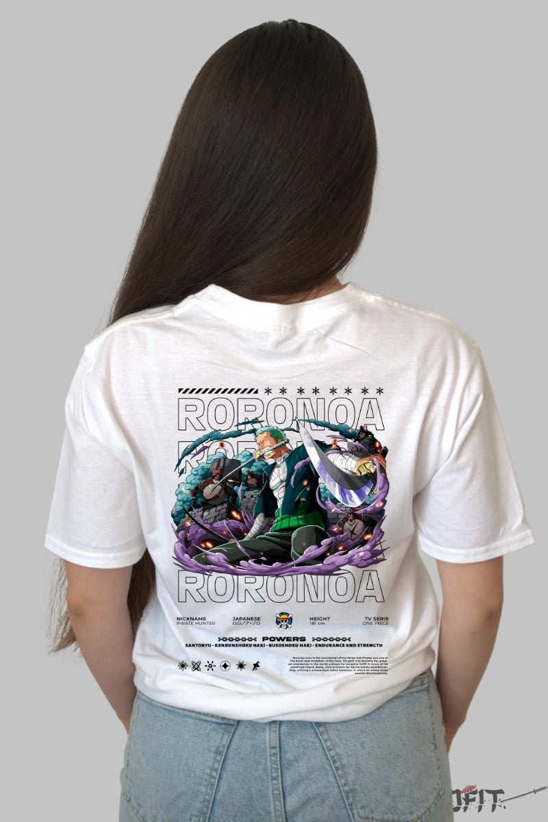 Tricou Anime One Piece - Roronoa Zoro Santoryu Legend dama alb