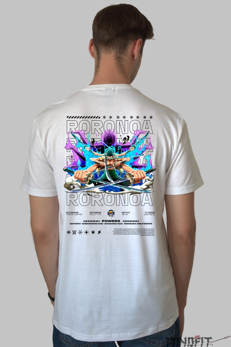 Tricou Anime One Piece - Roronoa Zoro Santoryu Legend barbat alb