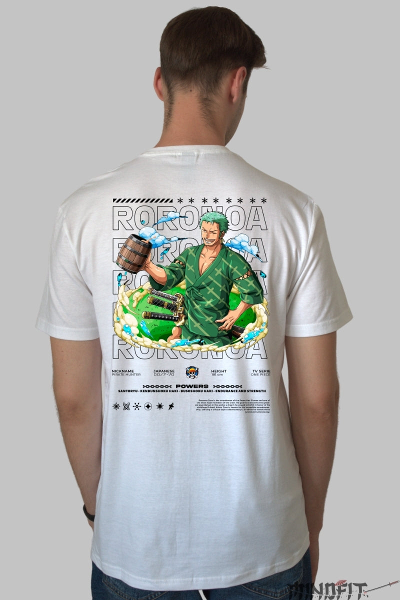 Tricou Anime One Piece - Roronoa Zoro Santoryu Power barbat alb