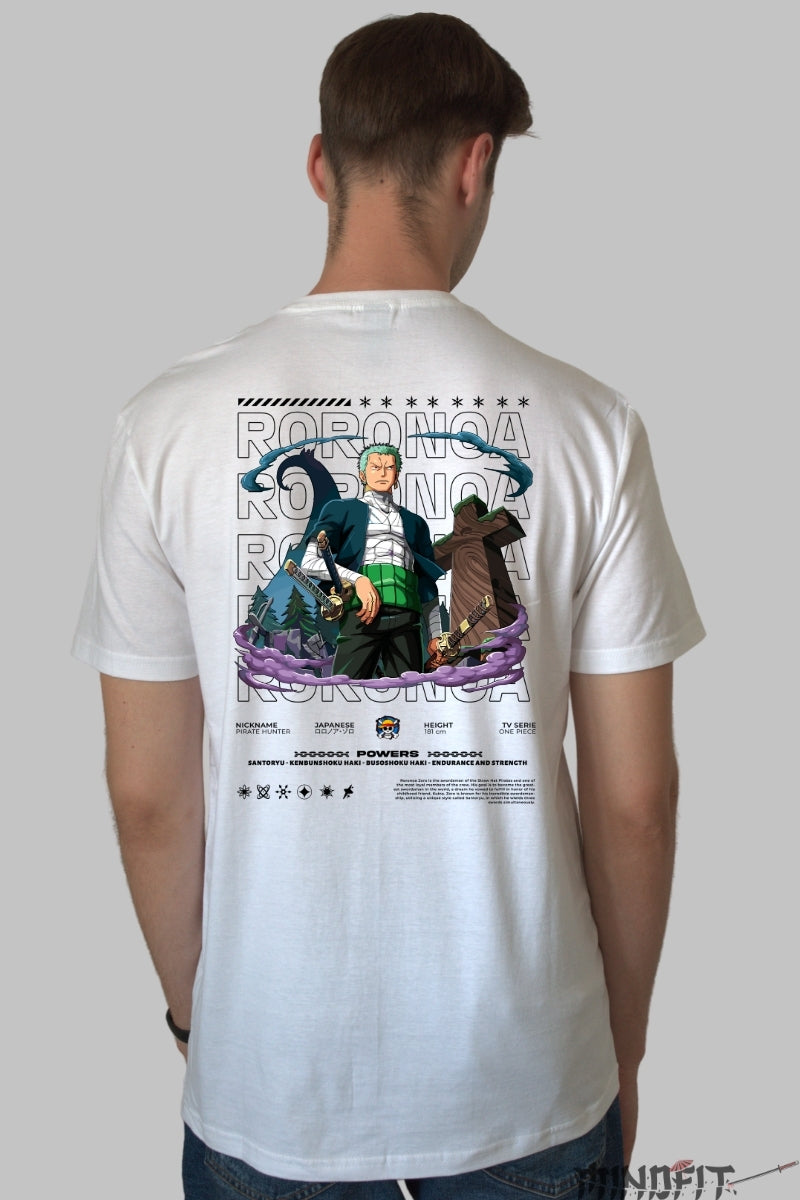 Tricou Anime One Piece - Roronoa Zoro Santoryu Power barbat alb