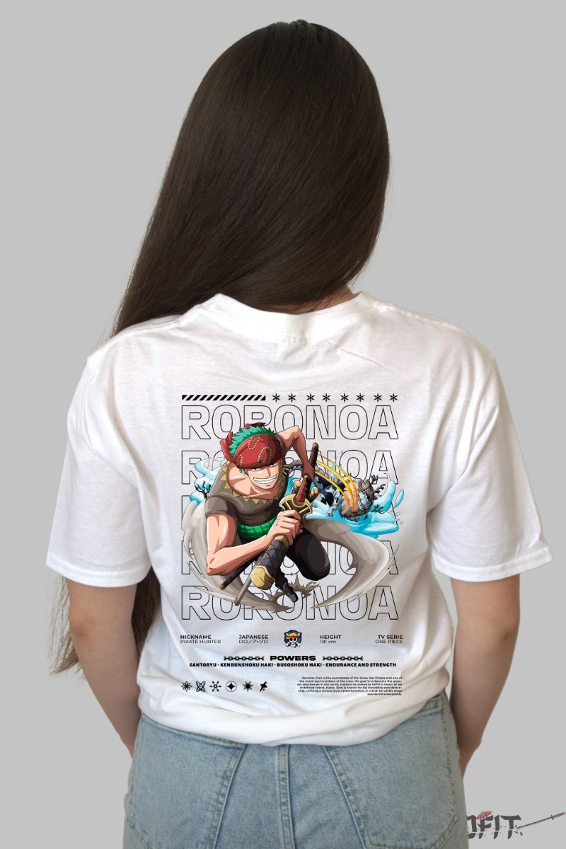 Tricou Anime One Piece - Roronoa Zoro Santoryu Power dama alb