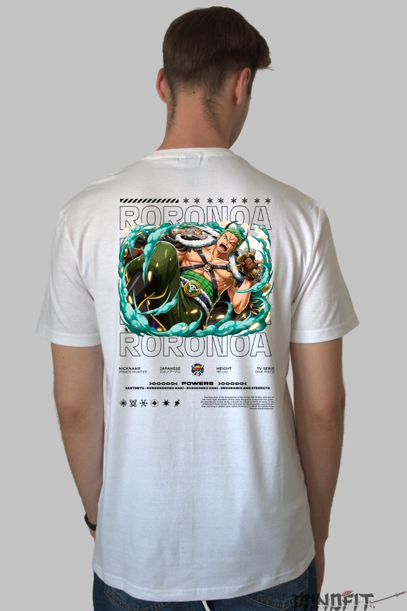 Tricou Anime One Piece - Roronoa Zoro Santoryu Storm barbat alb
