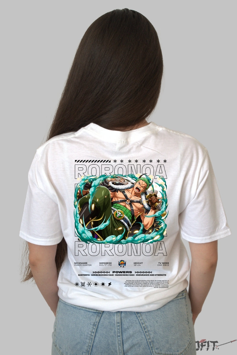 Tricou Anime One Piece - Roronoa Zoro Santoryu Storm dama alb