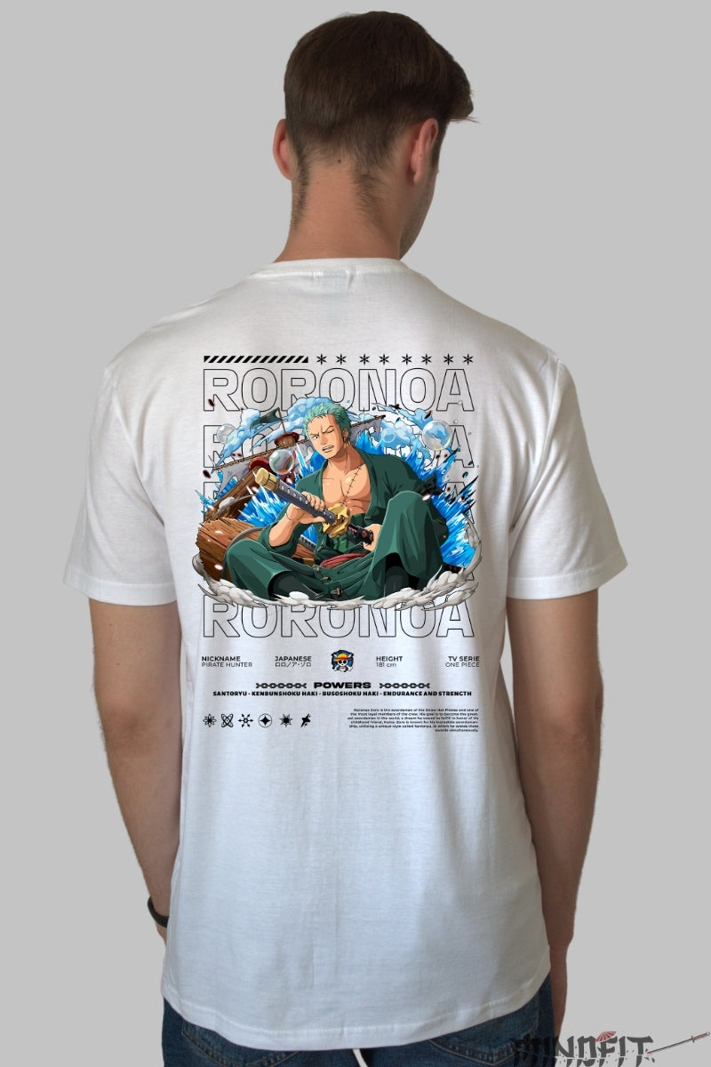 Tricou Anime One Piece - Roronoa Zoro Santoryu Strike barbat alb