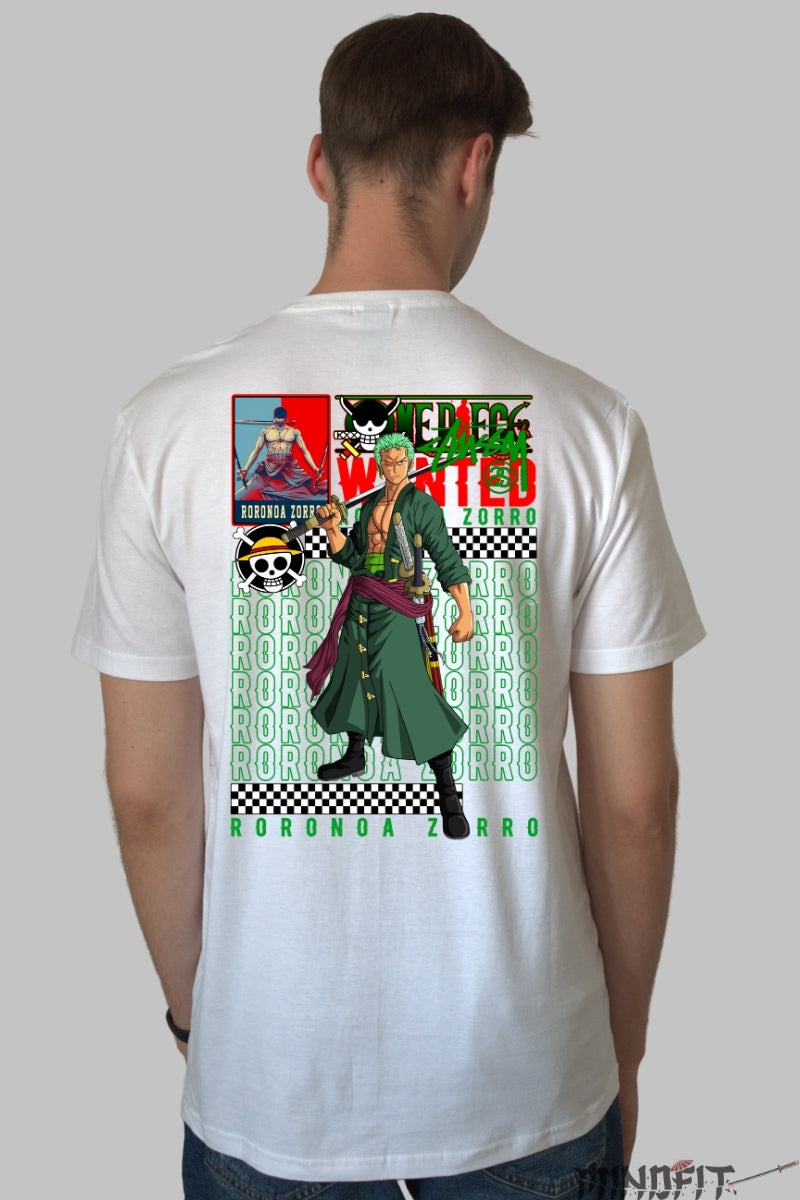 Tricou Anime One Piece - Roronoa Zoro Wanted Style barbat alb