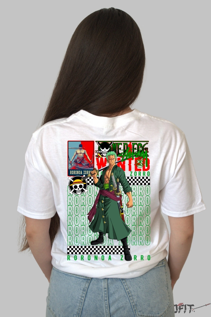 Tricou Anime One Piece - Roronoa Zoro Wanted Style dama alb