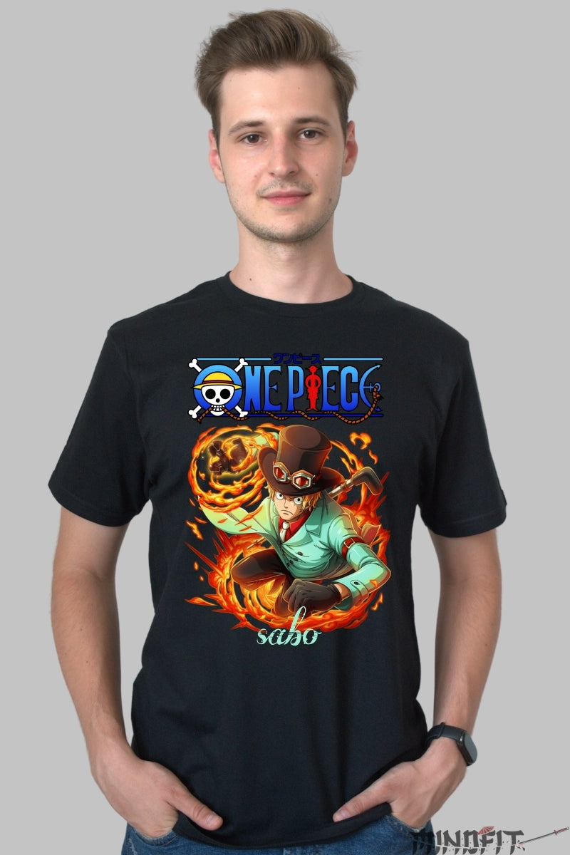 Tricou Anime One Piece - Sabo Flacara Revolutiei barbat negru