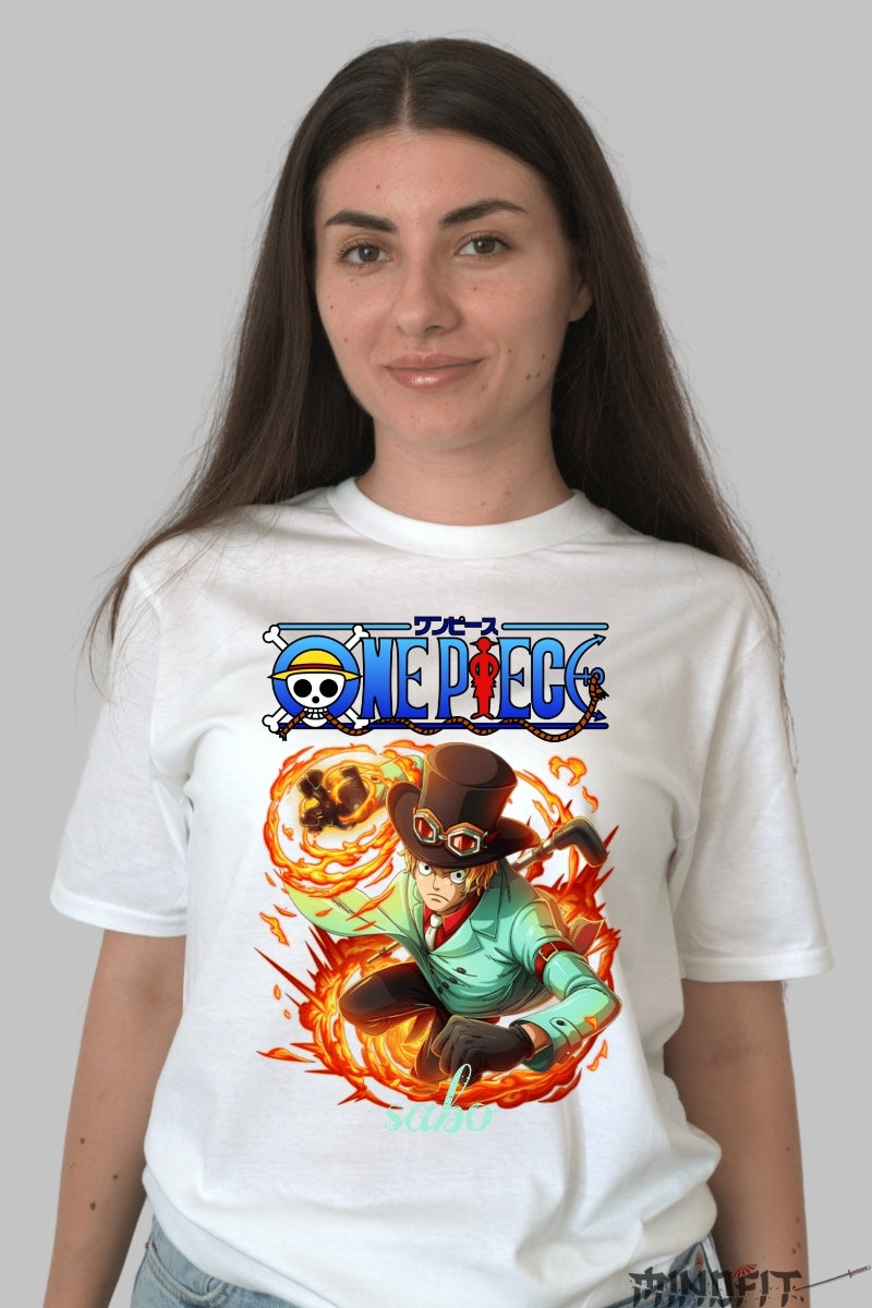 Tricou Anime One Piece - Sabo Flacara Revolutiei dama alb