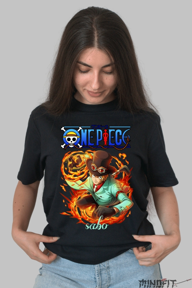 Tricou Anime One Piece - Sabo Flacara Revolutiei dama negru