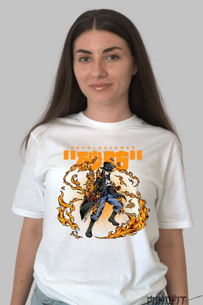 Tricou Anime One Piece - Sabo Flacari Revolutionare dama alb