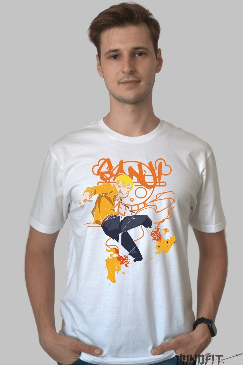 Tricou Anime One Piece - Sanji Diavolul Picioarelor de Foc barbat alb