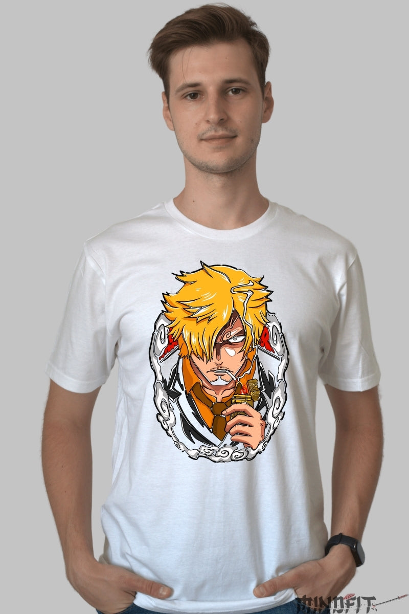 Tricou Anime One Piece - Sanji Raid Suit Fire barbat alb