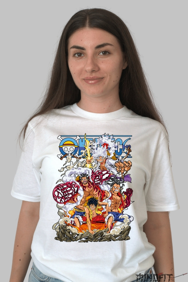 Tricou Anime One Piece - Toate Formele lui Luffy Gear dama alb