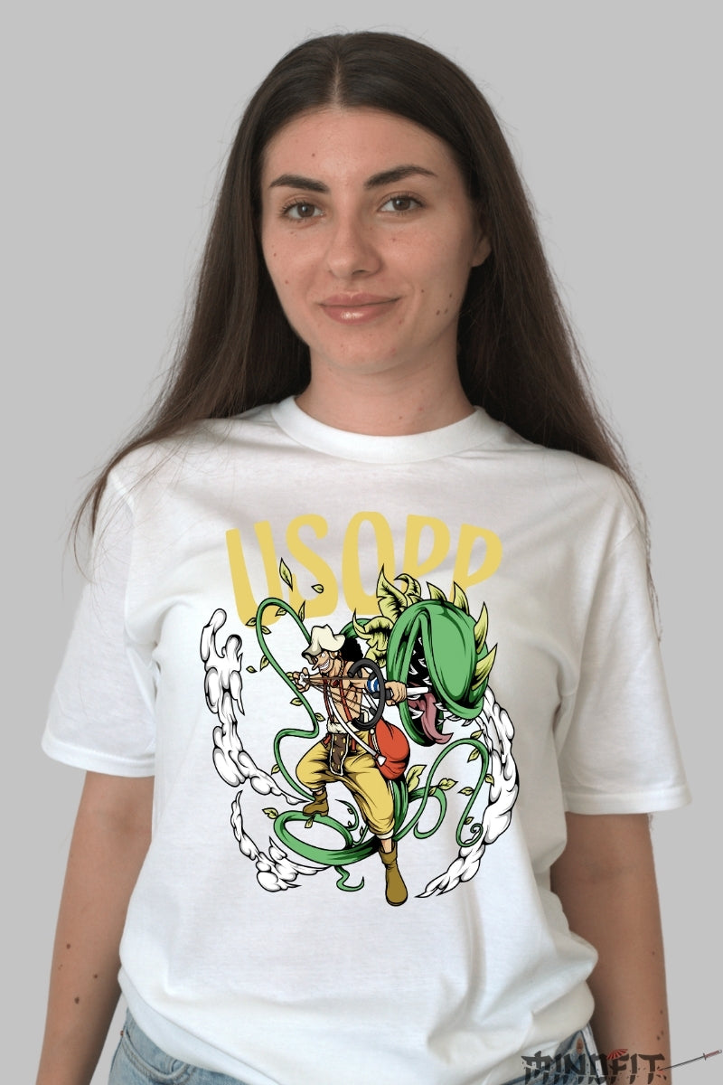 Tricou Anime One Piece - Usopp si Lupta cu Planta Monstru dama alb