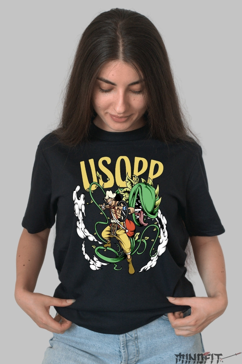 Tricou Anime One Piece - Usopp si Lupta cu Planta Monstru dama negru