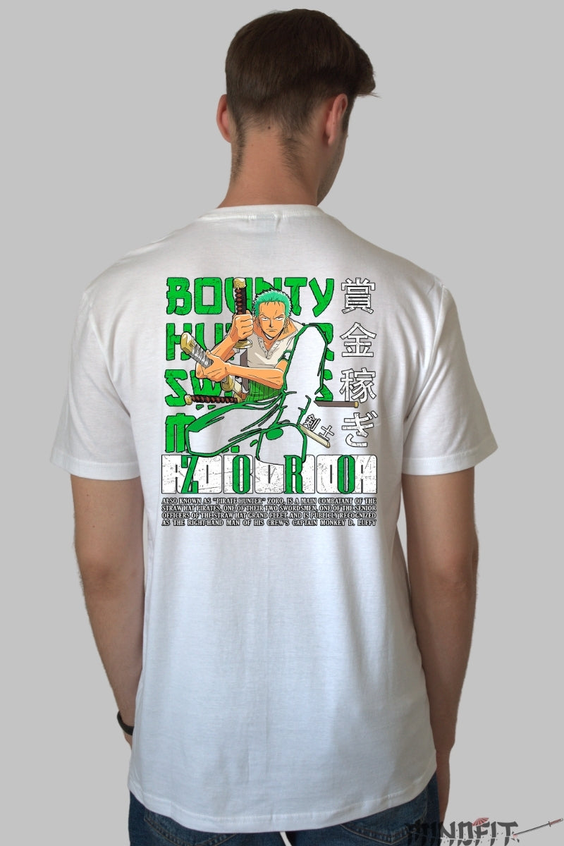 Tricou Anime One Piece - Zoro Bounty Hunter Style barbat alb