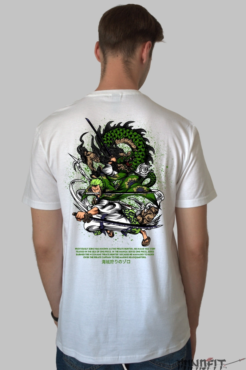 Tricou Anime One Piece - Zoro Dragon Spirit barbat alb