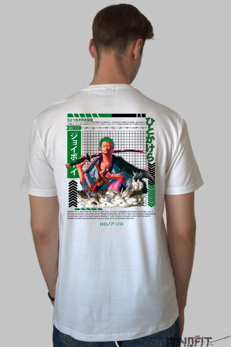 Tricou Anime One Piece - Zoro Iron Will Edition barbat alb