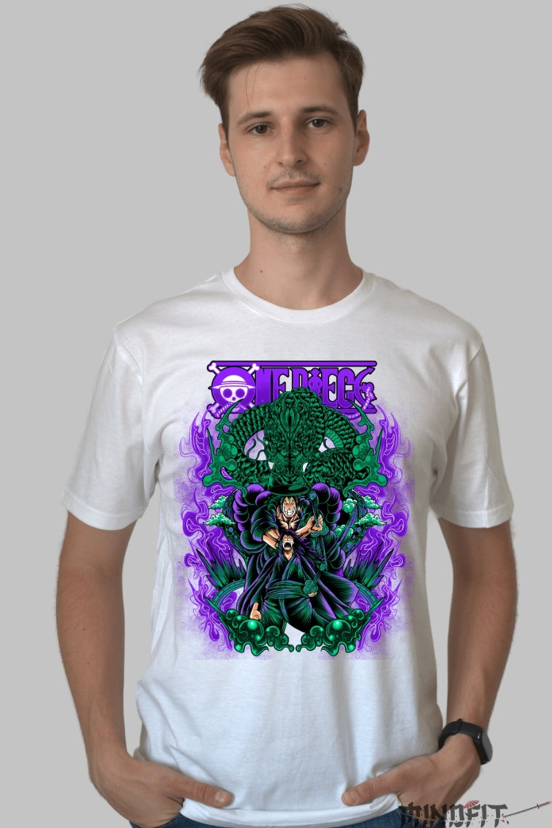 Tricou Anime One Piece - Zoro King of Hell Spirit barbat alb