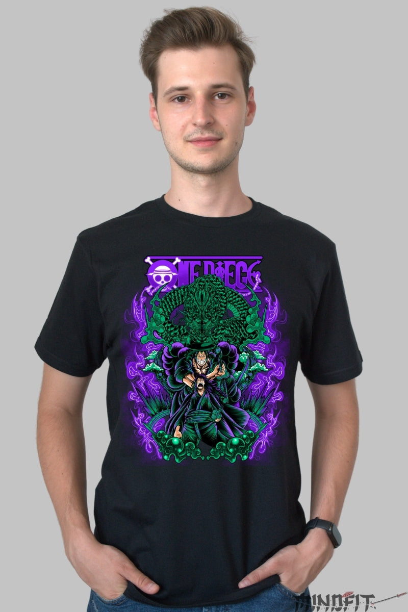Tricou Anime One Piece - Zoro King of Hell Spirit barbat negru