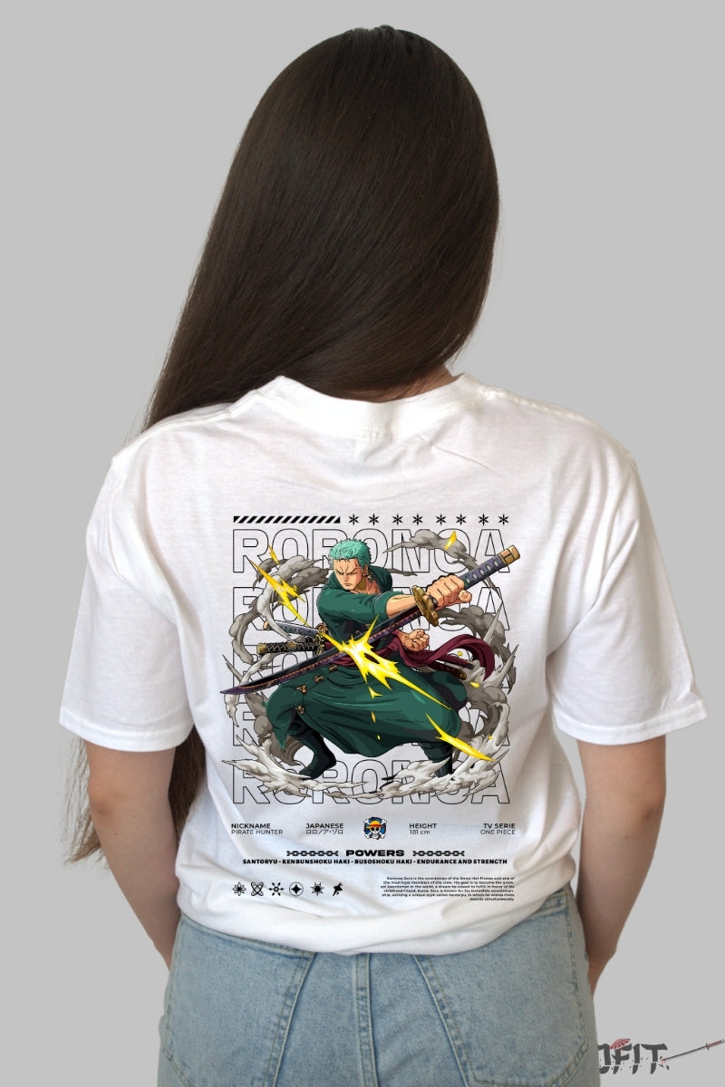 Tricou Anime One Piece - Zoro Santoryu Lightning Slash dama alb