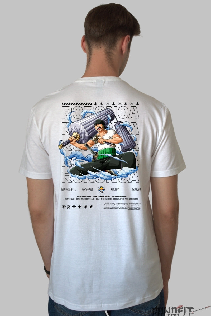 Tricou Anime One Piece - Zoro Santoryu Power barbat alb