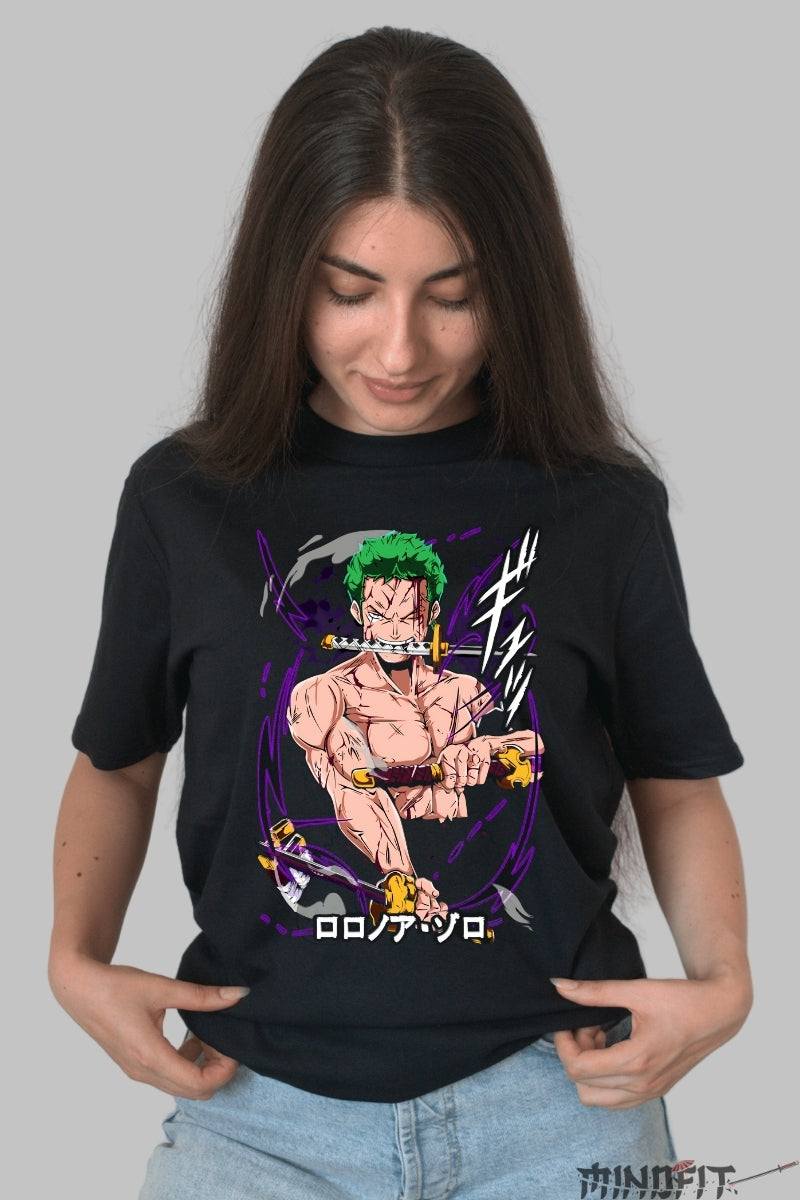 Tricou Anime One Piece - Zoro Stilul celor Trei Sabii dama negru