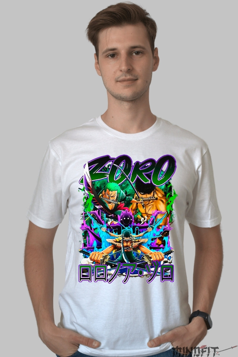 Tricou Anime One Piece - Zoro Three Sword Style barbat alb