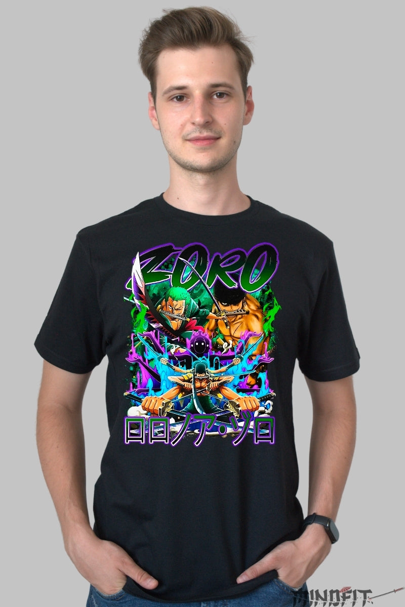 Tricou Anime One Piece - Zoro Three Sword Style barbat negru