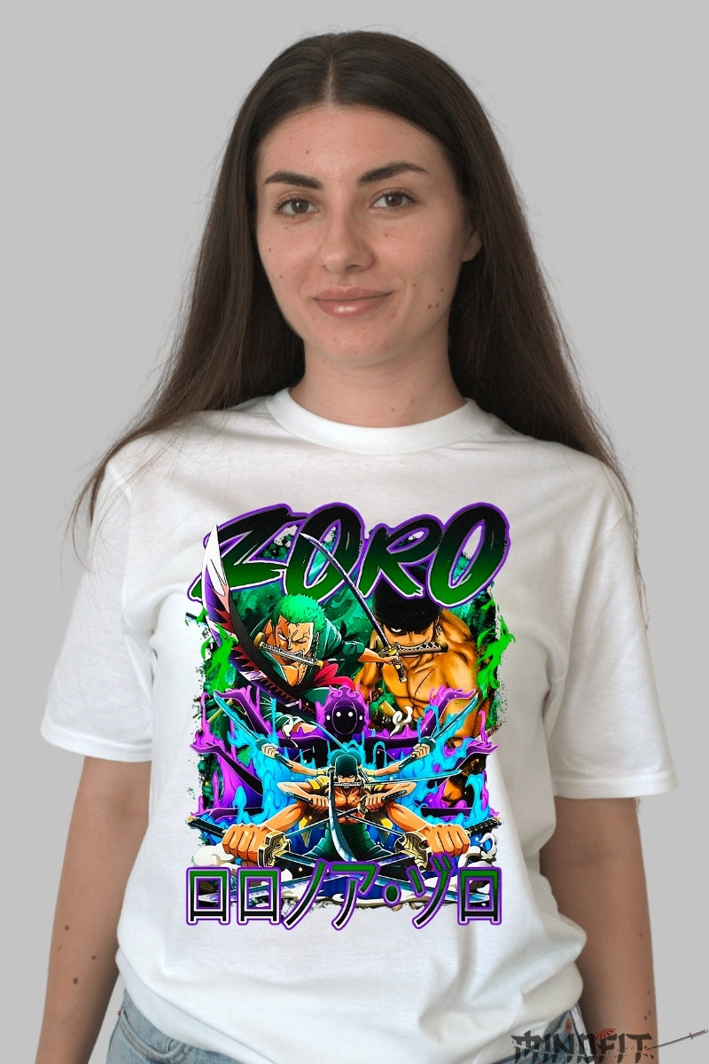 Tricou Anime One Piece - Zoro Three Sword Style dama alb