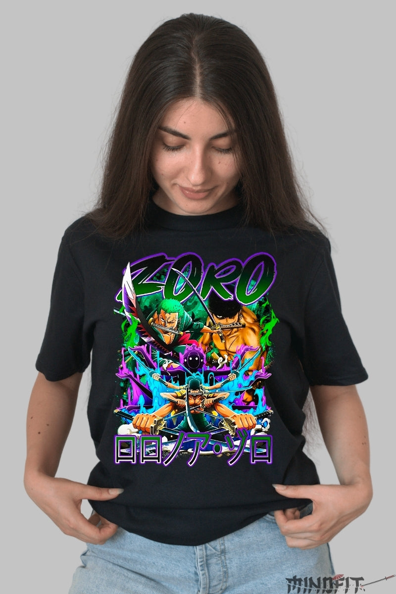 Tricou Anime One Piece - Zoro Three Sword Style dama negru