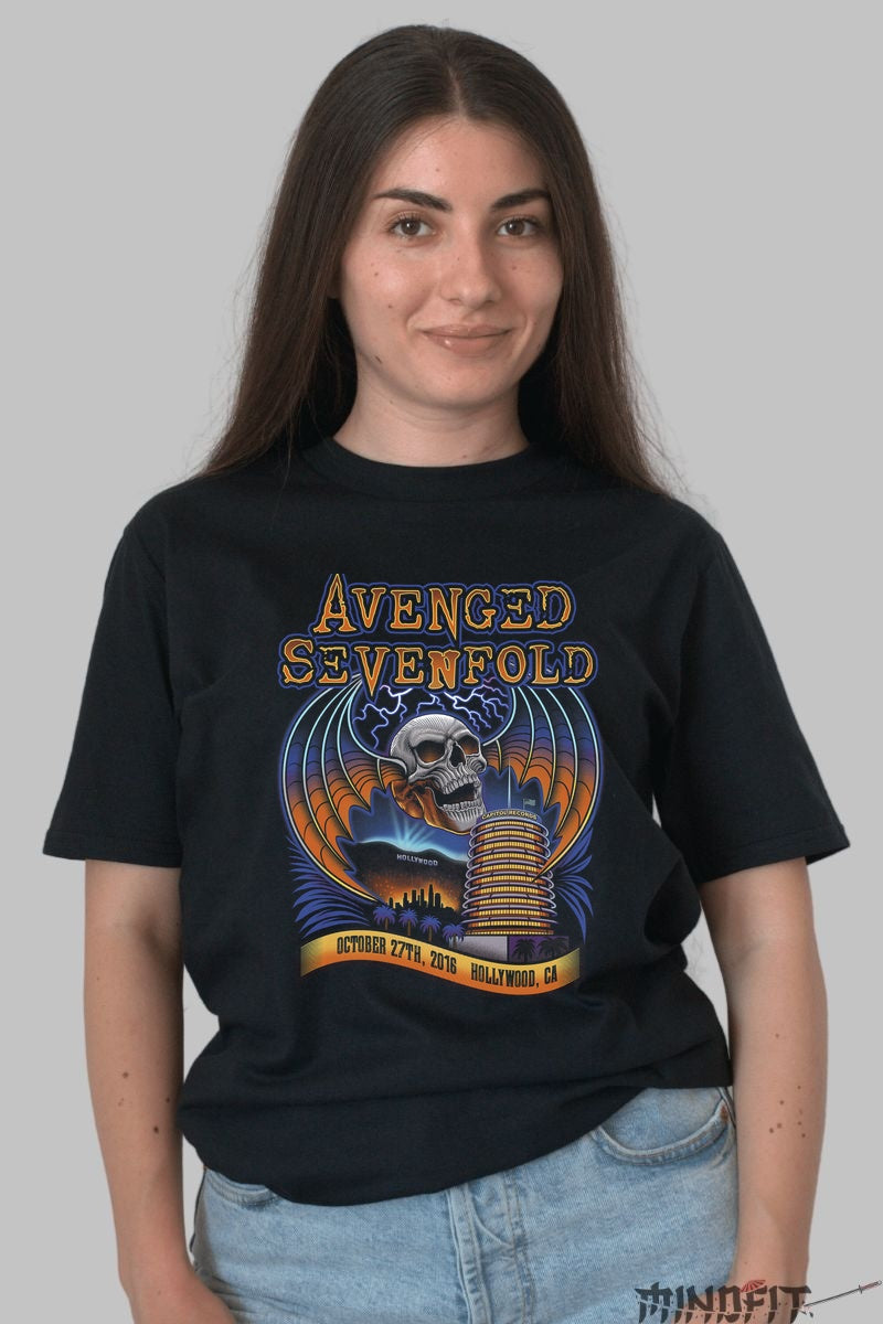 Tricou Avenged Sevenfold - Hollywood Skull Tour dama negru
