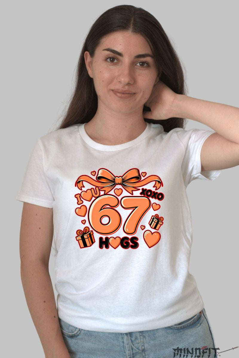 Tricou Cadou Dragoste - 67 Hugs Plini de Inimi si Zambete dama alb