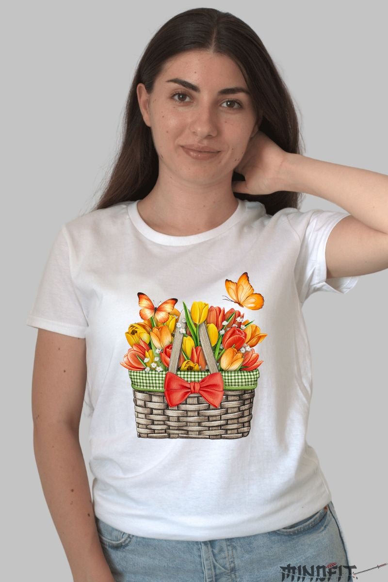 Tricou Cu Flori De Primavara - Cos Cu Lalele Colorate Dama Alb