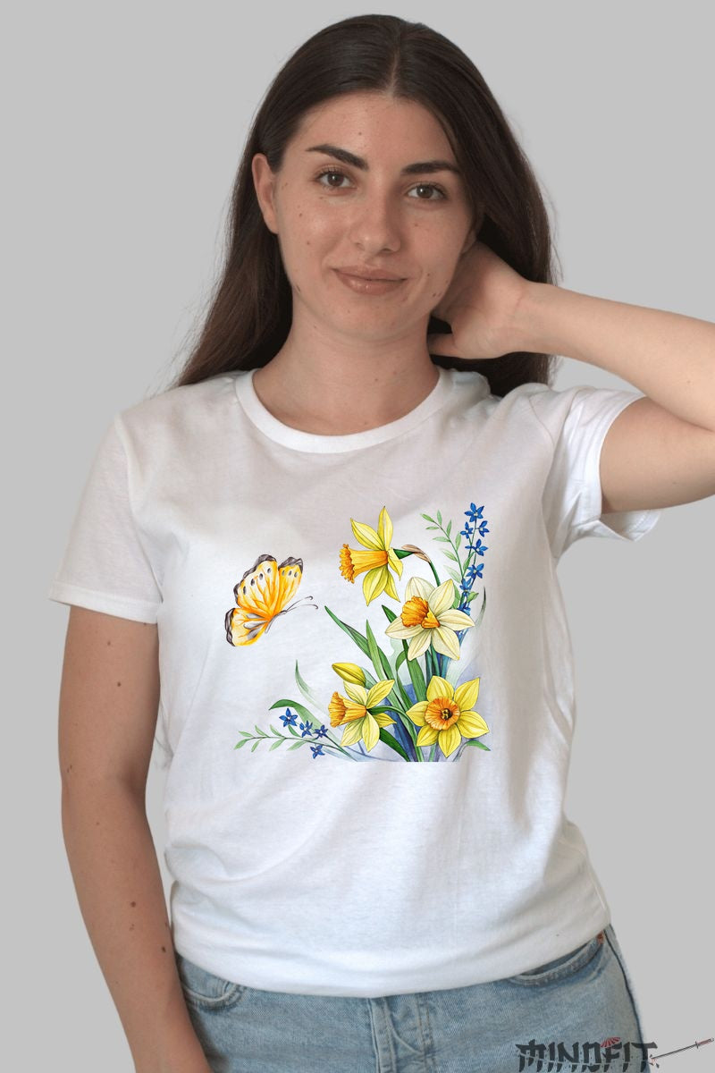 Tricou Cu Flori De Primavara - Narcise Galbene Si Fluture Dama Alb
