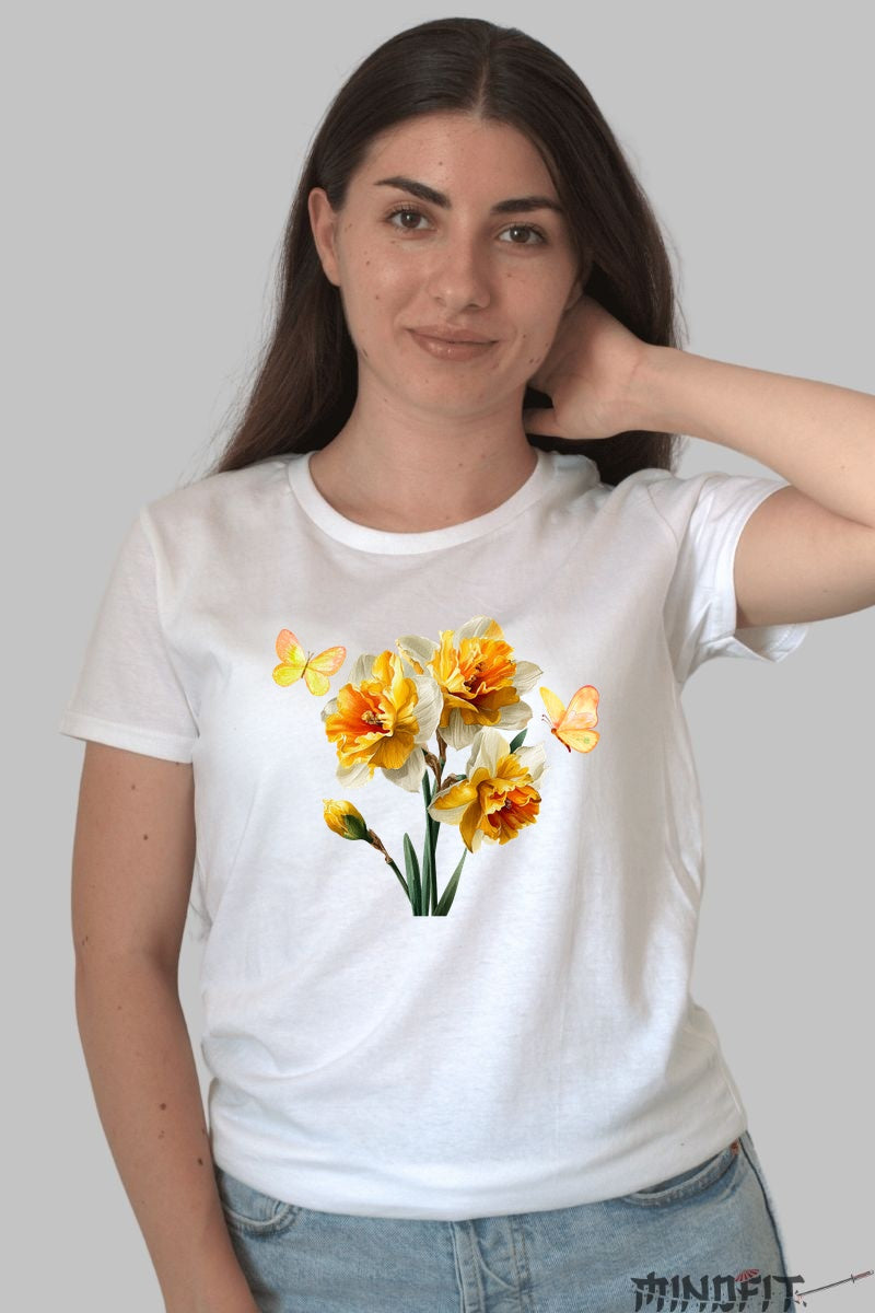 Tricou Cu Flori De Primavara - Narcise Galbene Si Fluturi Dama Alb