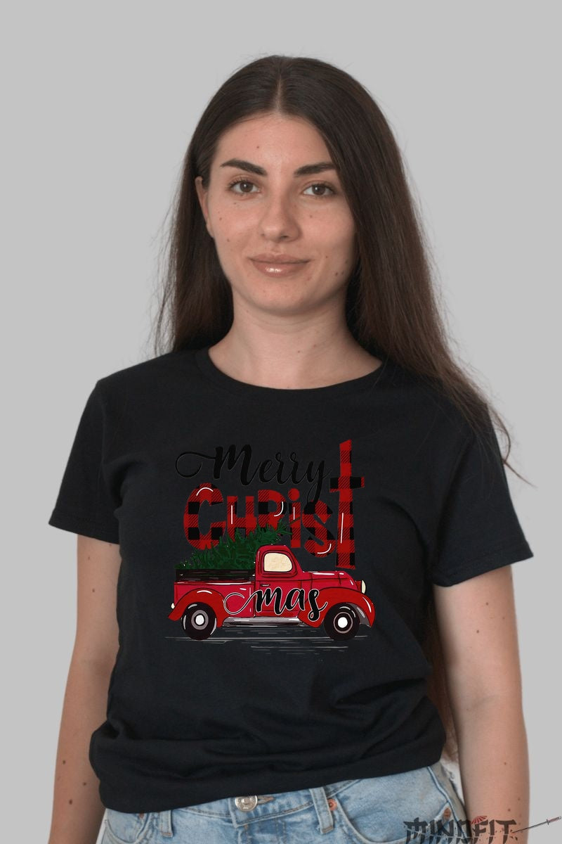 Tricou De Craciun - Camioneta Festiva Cu Brad dama negru