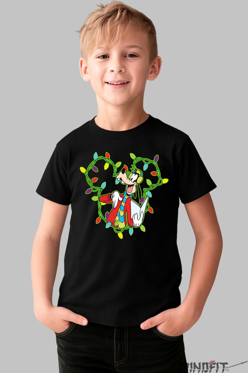 Tricou De Craciun Copii - Goofy in Ghirlanda Vesela baiat negru