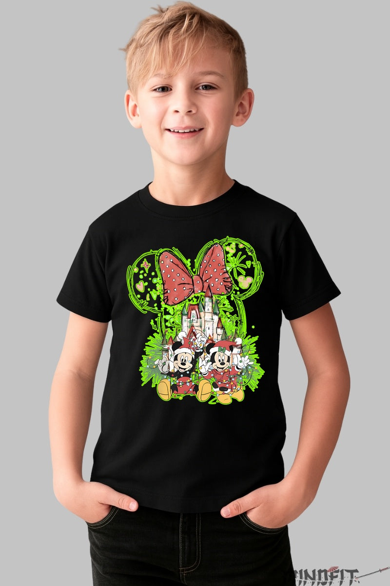 Tricou De Craciun Copii - Mickey si Minnie cu Castel Magic baiat negru