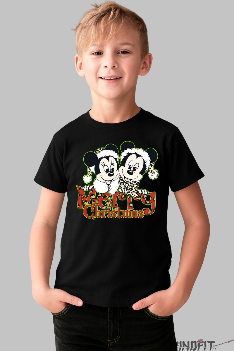 Tricou De Craciun Copii - Mickey si Minnie in Sarbatoare baiat negru