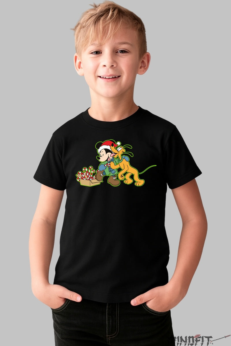 Tricou De Craciun Copii - Mickey Si Pluto In Spiritul Sarbatorilor baiat negru