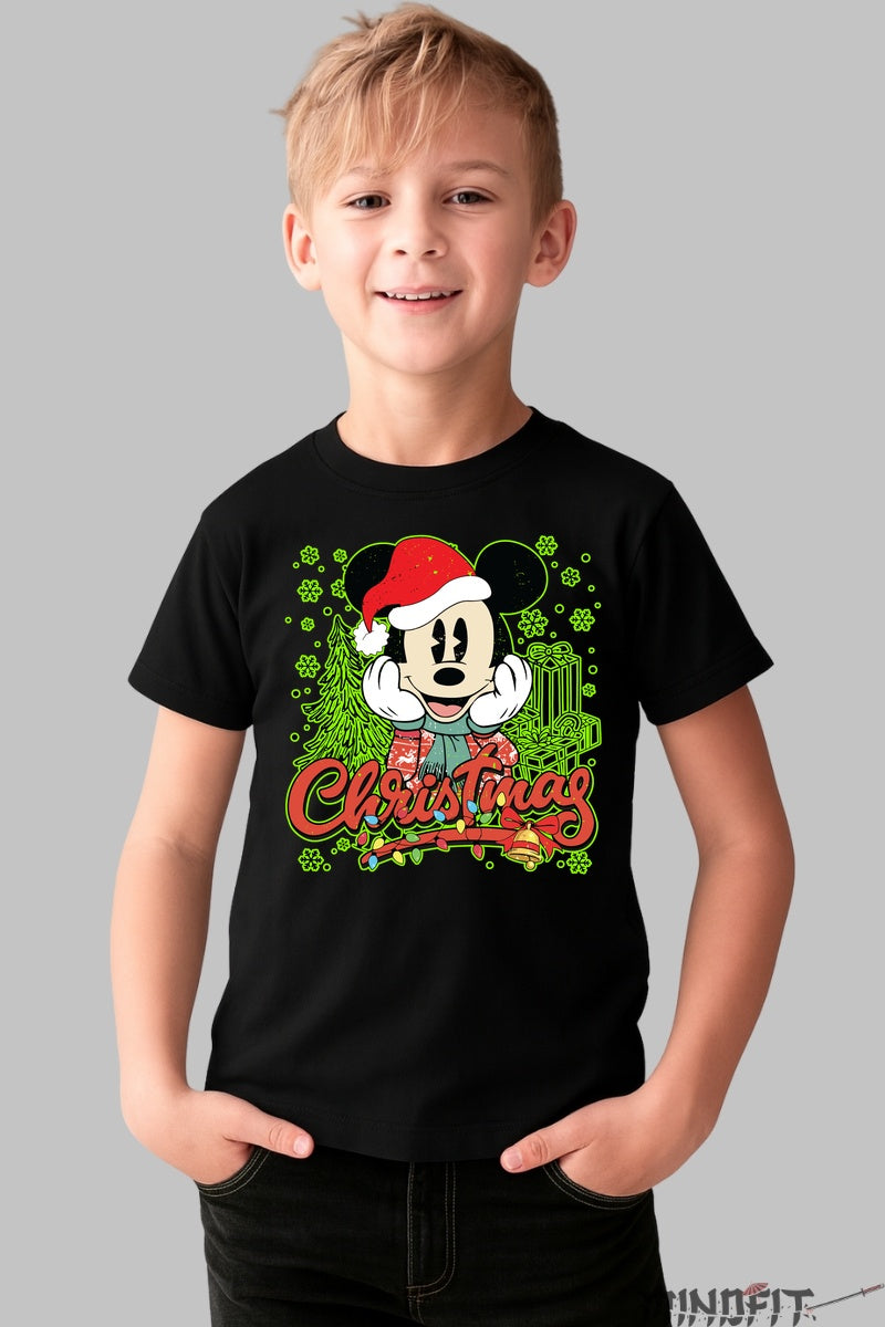 Tricou De Craciun Copii - Soricel Vesel cu Caciula Rosie baiat negru