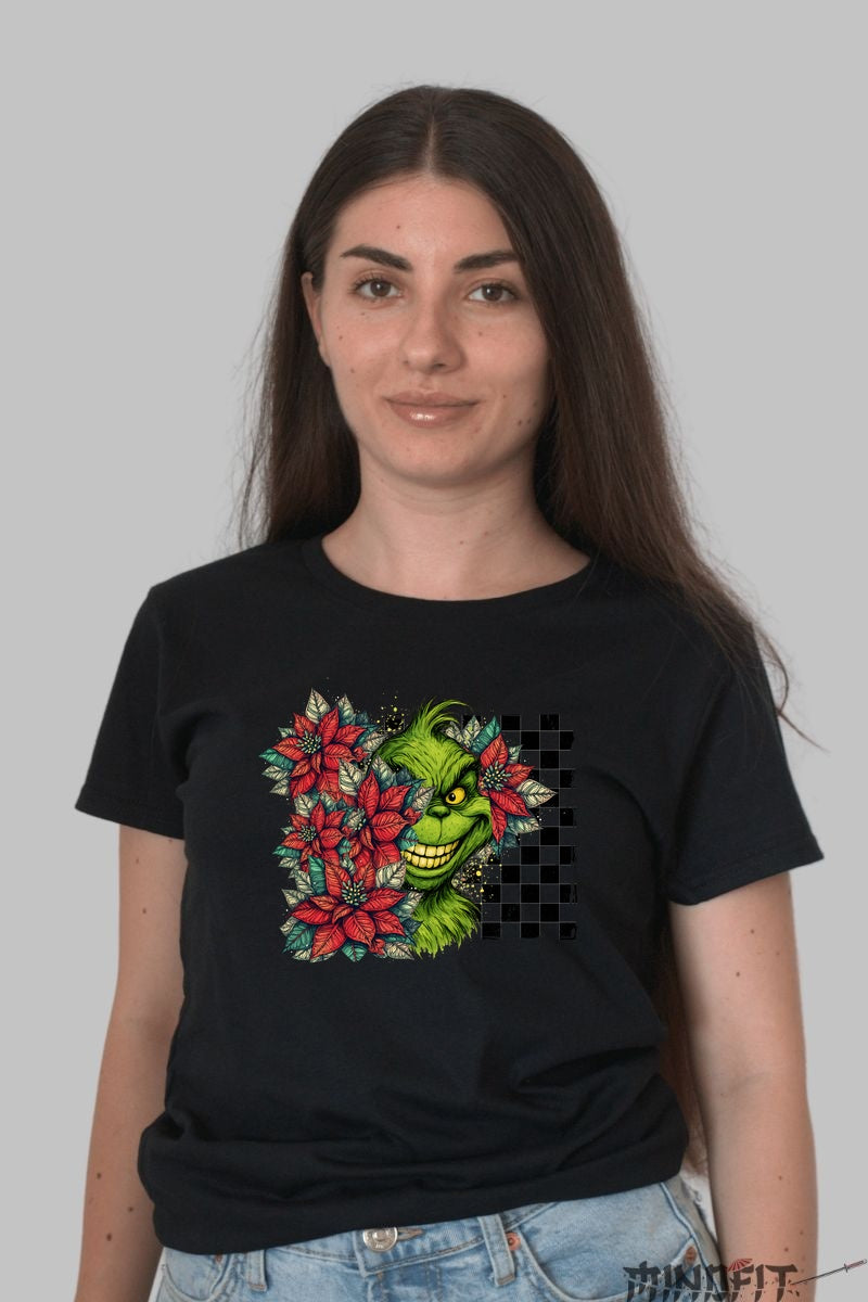Tricou De Craciun - Grinch Printre Poinsettia dama negru