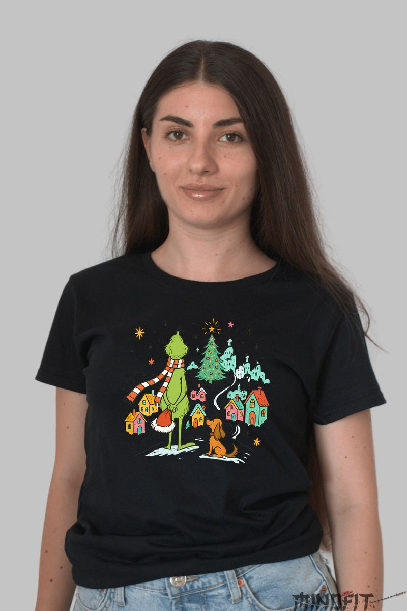 Tricou De Craciun - Grinch Si Max Privind Satul dama negru