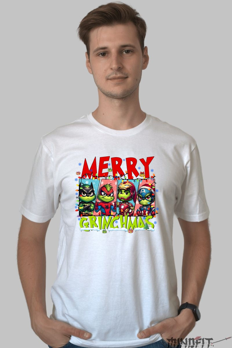 Tricou De Craciun - Grinch Supererou Merry Grinchmas barbat alb
