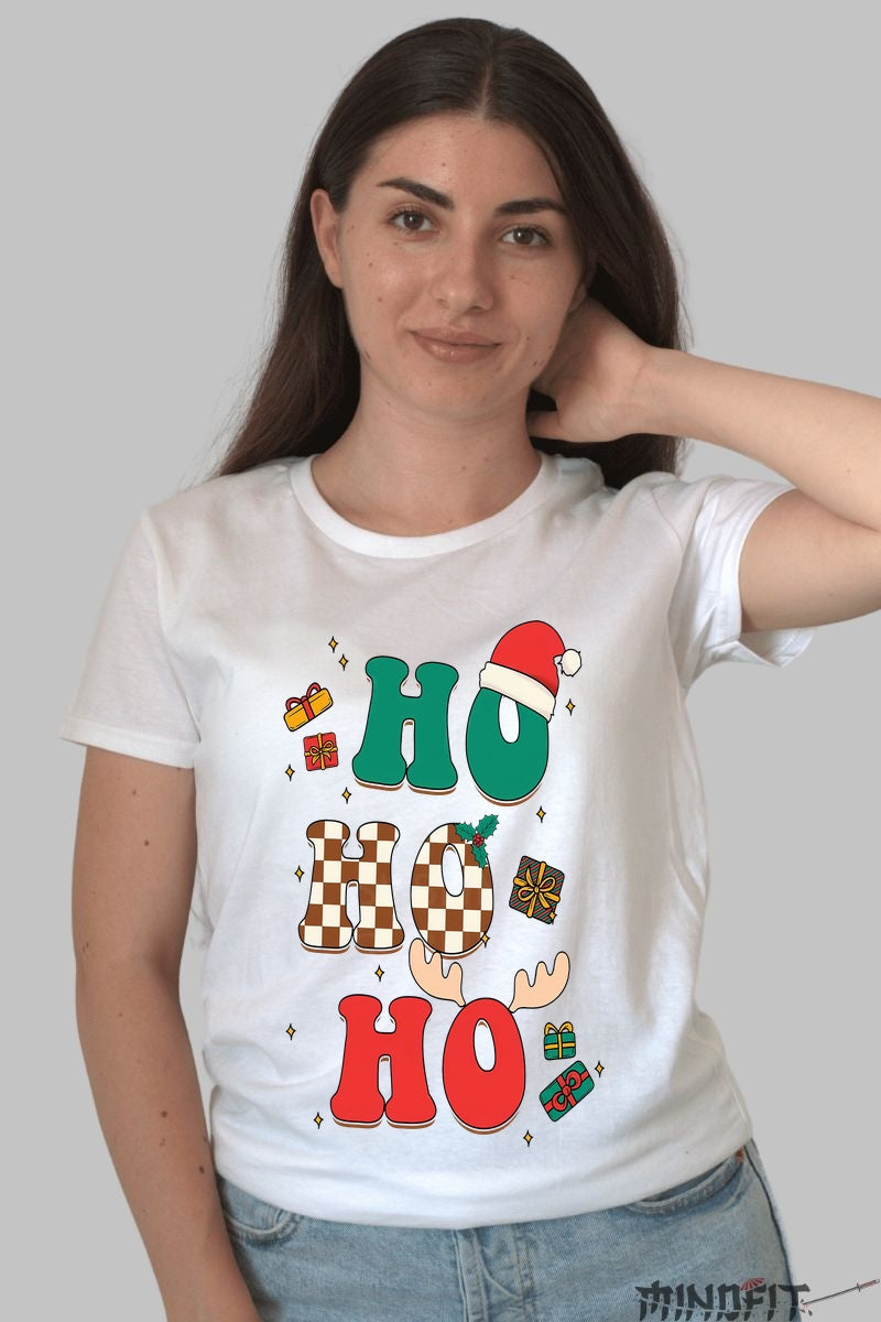 Tricou De Craciun - HO HO HO Festiv dama alb